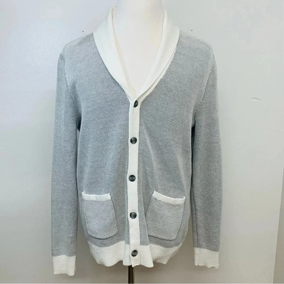 INC Cardigan Men Large Button Up  White Gray Texture Grandpa Sweater 100% Cotton - Picture 1 of 12